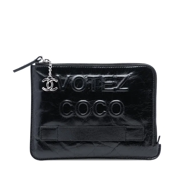 Black Chanel Aged Calfskin Votez Coco Clutch in Black Calfskin from Designer Revival