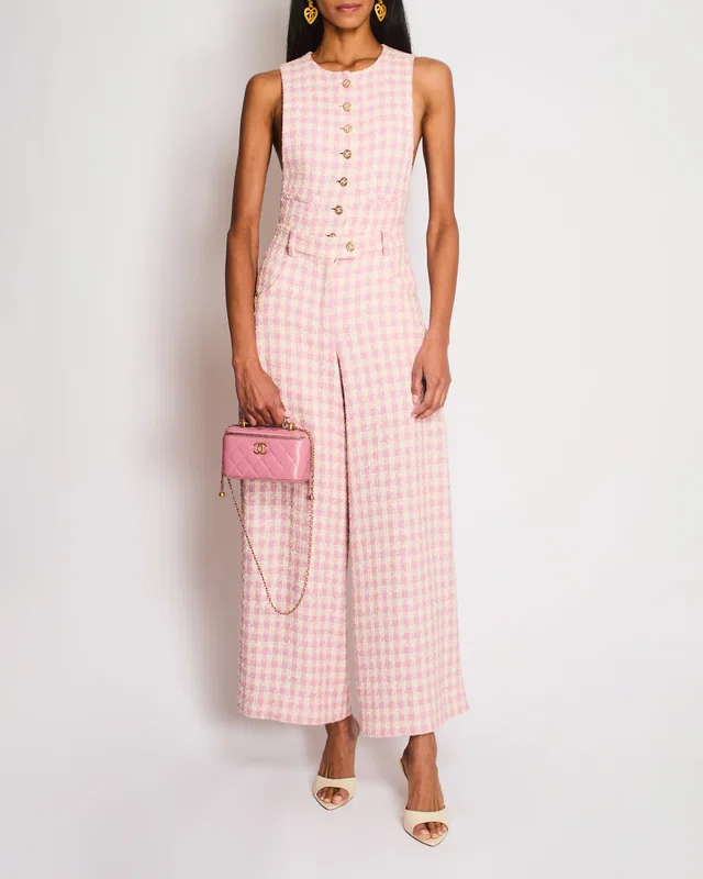 Chanel 23/S Pink and Cream Sleeveless Houndstooth Jumpsuit with CC Logo Detail Size FR 34 (UK 6) in White from Sellier