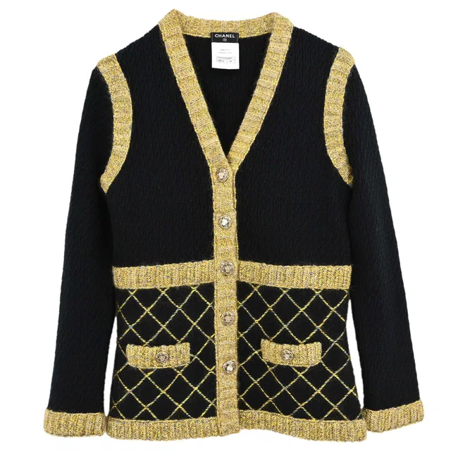 Chanel 2015 Cardigan Black #34 in Black Silk from AMORE Vintage Tokyo