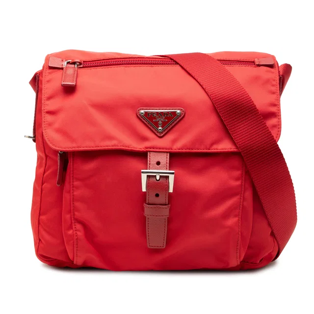 Red Prada Saffiano Trimmed Tessuto Zip Buckle Messenger Bag in Red Saffiano leather from Designer Revival