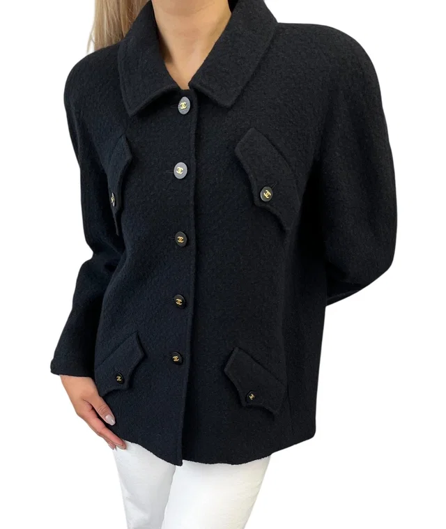 Chanel Vintage 95A CC Mark Logo Jacket #38 Mohair Wool Black Gold Button in Black Wool from Luxury Promise