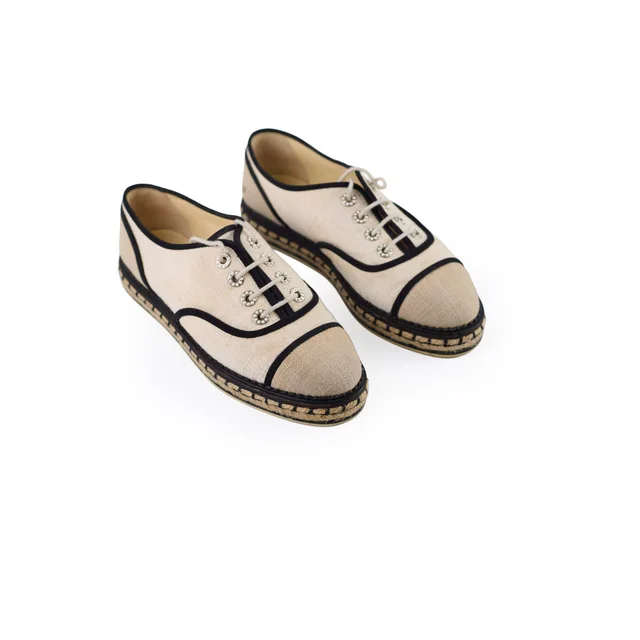 Chanel Lace Up Pearl Espadrilles Size 38 in Canvas from The Purse Affair