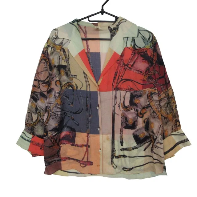 Hermès Long Sleeve Shirt Vintage All Over Pattern Silk Open Color Horse Tack in Silk from The Reluxe