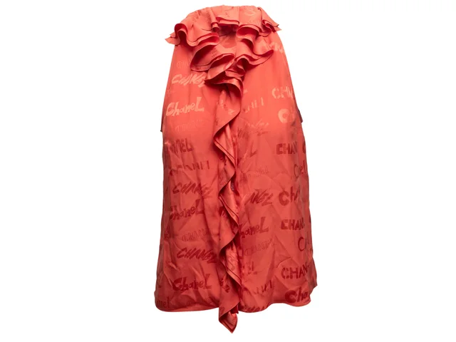 Orange Chanel Silk Spellout Sleeveless Ruffle Top Size FR 38 in Orange Silk from Designer Revival, photo 1 of 1