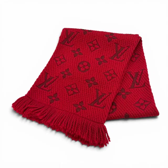Louis Vuitton Echarpe Logomania Wool Silk Blend Ruby Scarf With Fringe in Silk from The Reluxe