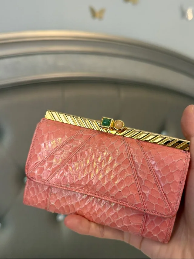 Judith Leiber Vintage Cabochon Stones/Pink Reptile Leather Wallet/Coin Pouch in gold|pink Leather from Poshmark
