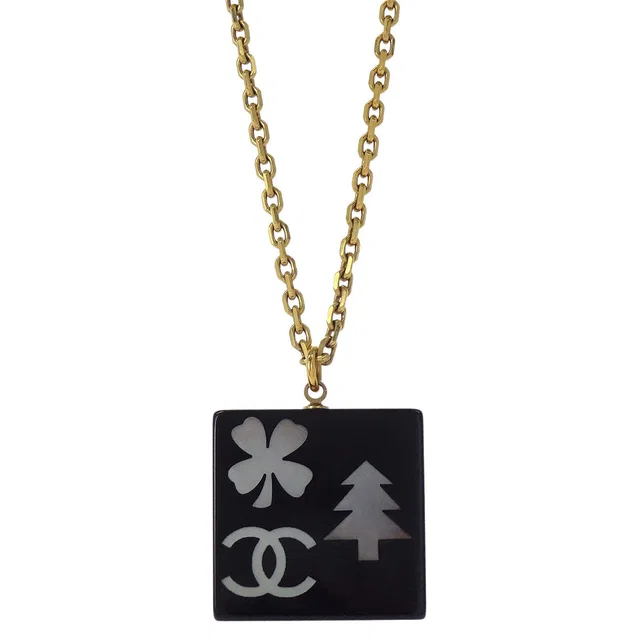 Chanel Gold Black Square Pendant Necklace 03A in Black Resin from AMORE Vintage Tokyo