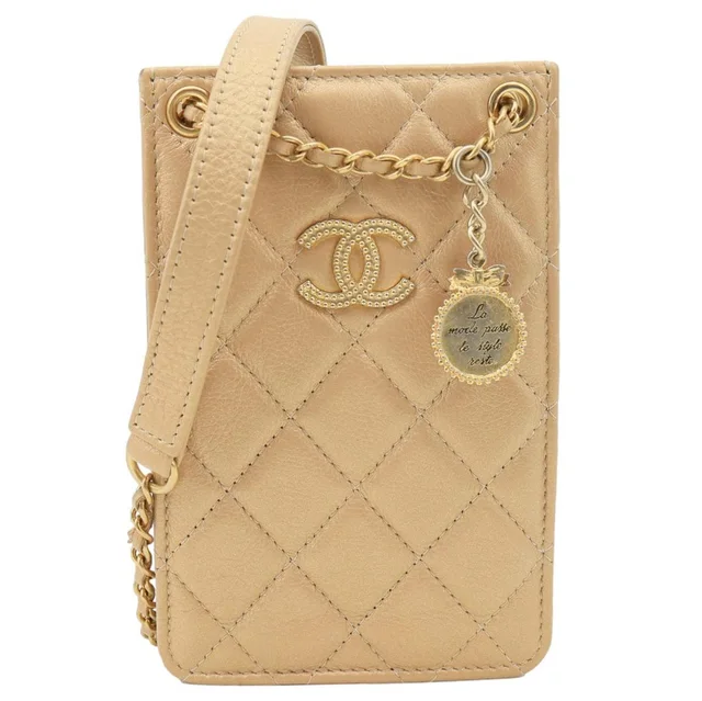 Chanel CC Quilted Leather Crossbody Phone Holder Gold in Gold Leather from Dallas Designer Handbags