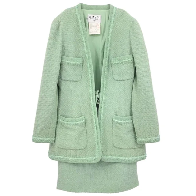Chanel 1994 Setup Suit Jacket Skirt Mint Green #40 in Green Nylon from AMORE Vintage Tokyo