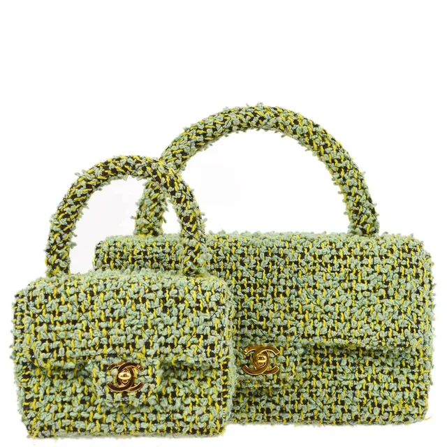 Chanel 1994-1996 Green Tweed Classic Single Flap 2 in 1 Handbag Set in Green Tweed from AMORE Vintage Tokyo
