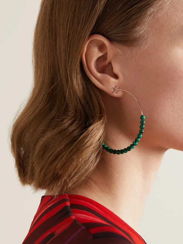 DIANE KORDAS 18-karat rose gold, malachite and diamond hoop earrings in Metallic, photo 2 of 2 from NET-A-PORTER (Canada)