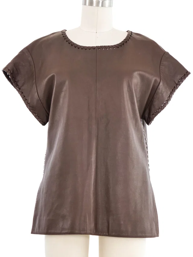Chloé Brown Leather Whipstitch Top in Brown Leather from Arcade Vintage