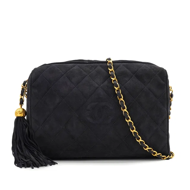 Chanel Vintage Matelasse Fringe Chain Shoulder Bag Navy Suede Gold Hardware in Navy Suede from Luxury Promise