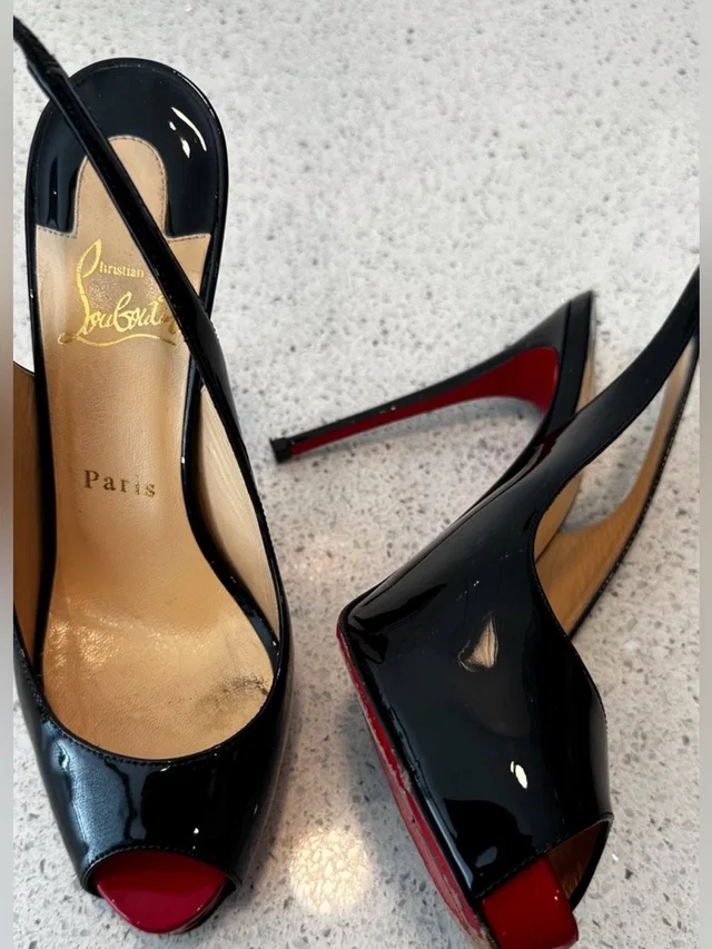 Christian Louboutin Black Patent Leather Peep-Toe Slingbacks With Red Soles in black|red Patent leather from Poshmark