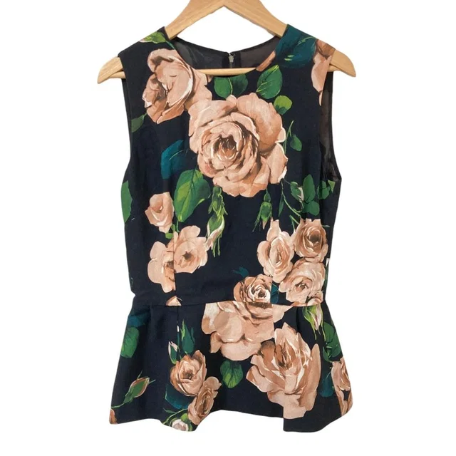 Dolce & Gabbana Rose Print Silk Sleeveless Blouse Black Pink 38 in Black Silk from The Reluxe