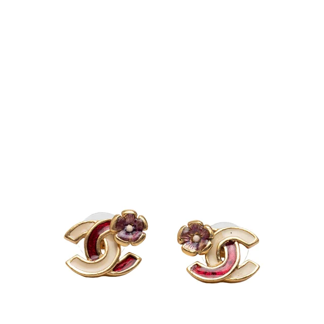 Gold Chanel CC Gold Plated Bicolor Enamel Flower Bullet Back Earrings in Gold from Designer Revival, photo 1 of 1