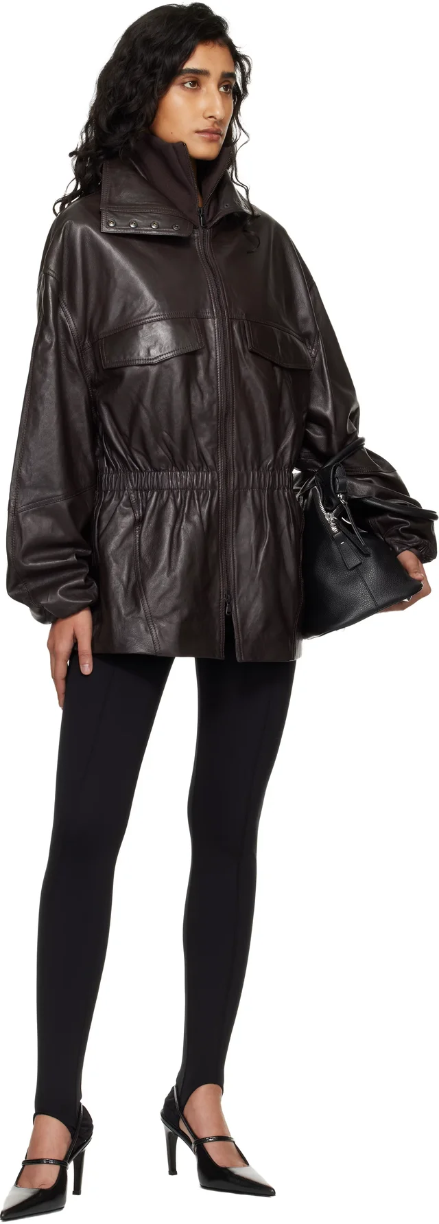 The Frankie Shop Burgundy Carnaby Funnel Neck Leather Jacket, photo 4 of 4 from SSENSE