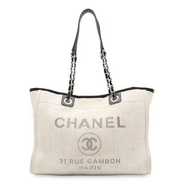 Chanel Deauville Line Tote MM Shoulder Bag Chain Raffia Light Gray Black in Black Raffia from The Reluxe