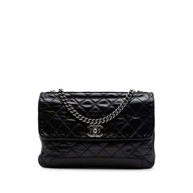 Black Chanel CC Quilted Glazed Calfskin Flap Crossbody Bag in Black Calfskin from Designer Revival