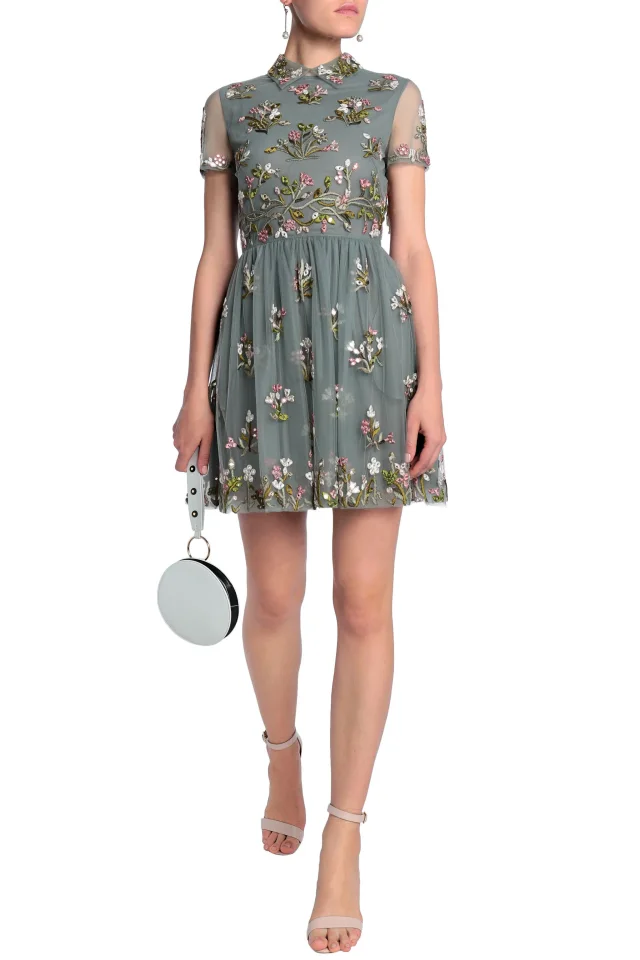 Valentino Garavani Embellished Tulle Mini Dress in Grey green, photo 2 of 4 from THE OUTNET