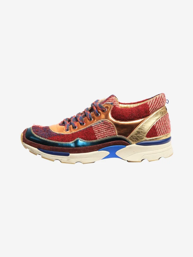 Chanel Multicolour tartan leather and tweed CC sneakers - size EU 39 in Tweed from Sign of the Times