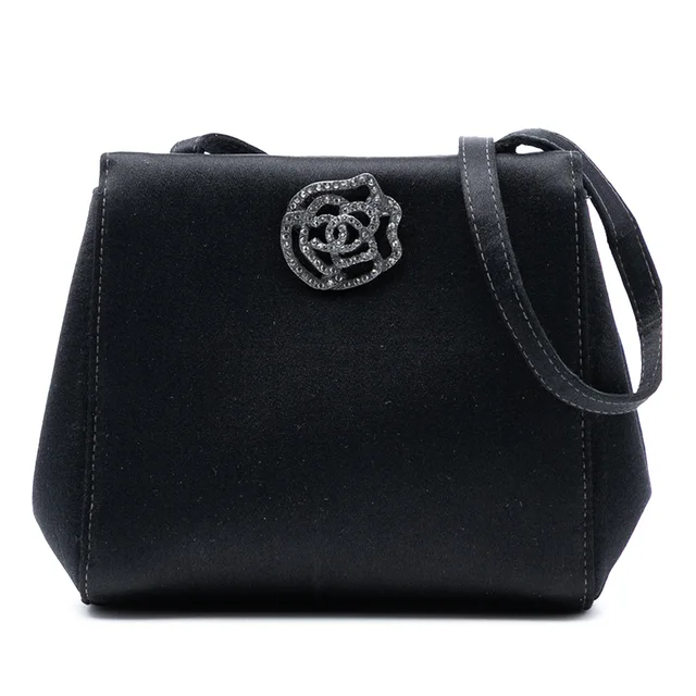 Black Chanel Satin Camellia Evening Bag in Black Satin from Designer Revival