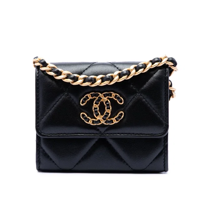 Black Chanel Quilted Lambskin 19 Flap Coin Purse With Chain Crossbody Bag in Black Lambskin from Designer Revival