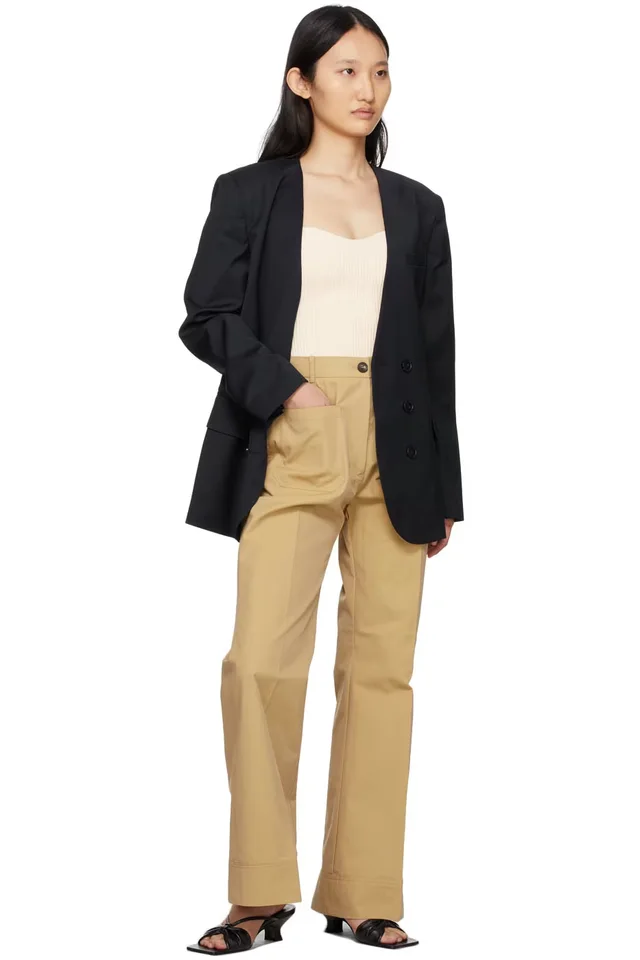 DRAE Beige Cotton Patch Pocket Flared Trousers, photo 4 of 4 from SSENSE