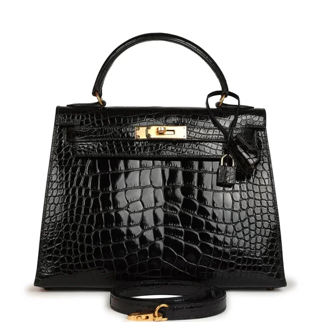 Hermès Vintage Kelly Sellier 28 Black Shiny Alligator Gold Hardware in Black Crocodile from Madison Avenue Couture