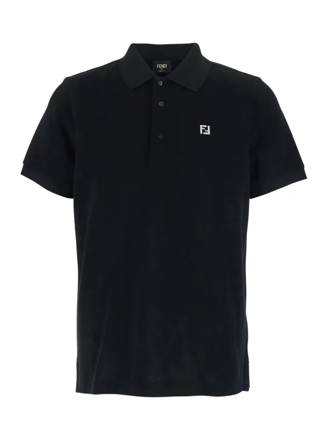 Black Cotton Piquet Polo with Metallic FF Logo on Front for Men in Black, image 1 of 1 from Gaudenzi Boutique