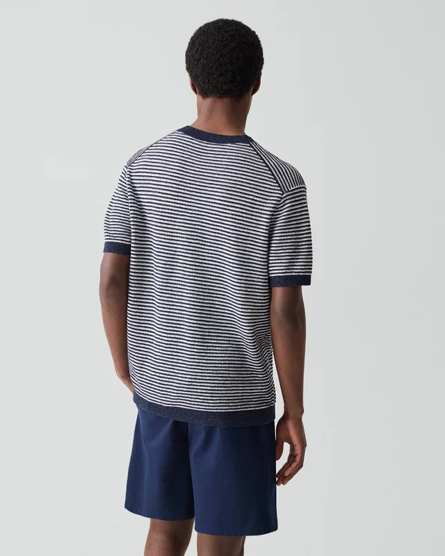 Theory Striped Tee in Pacific Linen in NEW BALTIC/WINTER IVORY 65% Linen, 23% Cotton, 12% Polyester; Exclusive Of Elastic, photo 3 of 12 from Theory