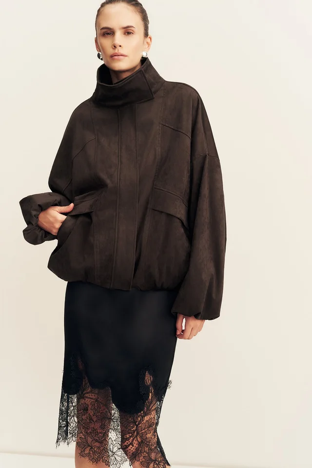Shona Joy ERNEST FUNNEL NECK FAUX SUEDE BOMBER JACKET - CACAO from Shona Joy, photo 1 of 1