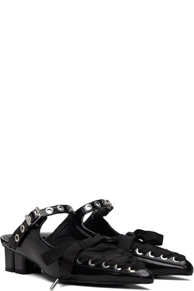 GANNI Black Eyelets Lace Up Mule Heels, photo 4 of 5 from SSENSE