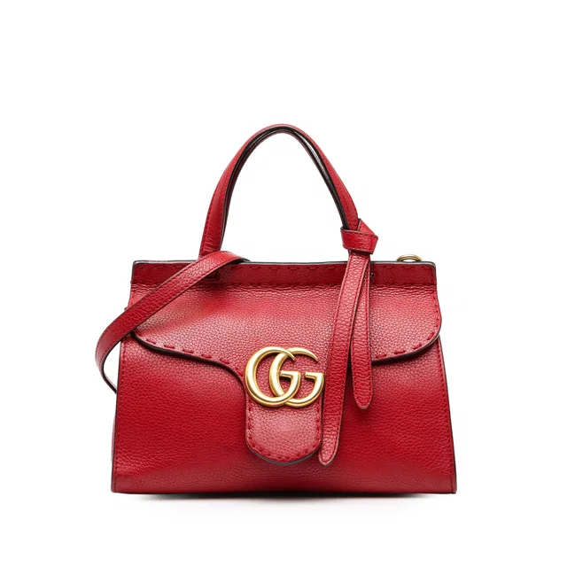 Red Gucci Small GG Marmont Calfskin Top Handle Satchel in Red Calfskin from Designer Revival