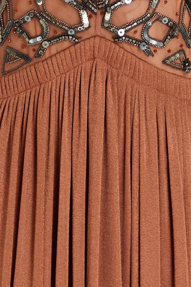 Roberto Cavalli Embellished Tulle-Paneled Pleated Knitted Maxi Dress in Brown, photo 4 of 4 from THE OUTNET