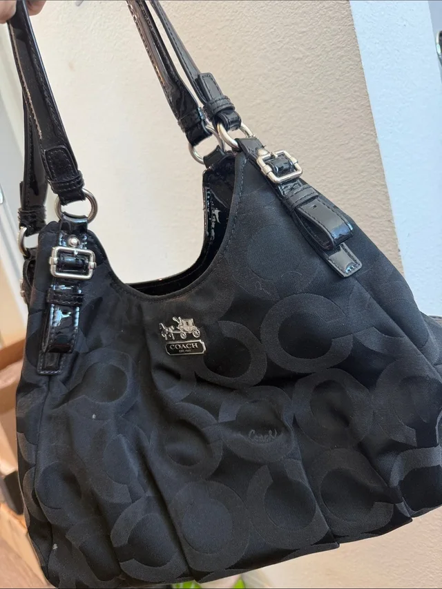 Coach Signature Jacquard Shoulder Bag With Patent Trim in black Patent leather from Poshmark
