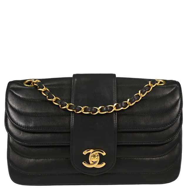 Chanel 1991-1994 Black Lambskin Horizontal Stitch Small Double Flap Shoulder Bag in Black Lambskin from AMORE Vintage Tokyo