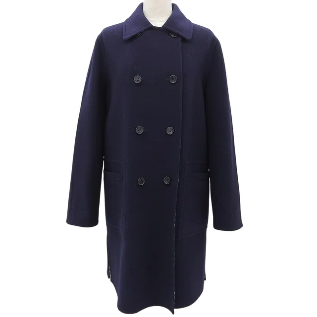 Burberry Logo Button Reversible Long Coat #40 Navy in Navy Wool from VINTAGE QOO TOKYO