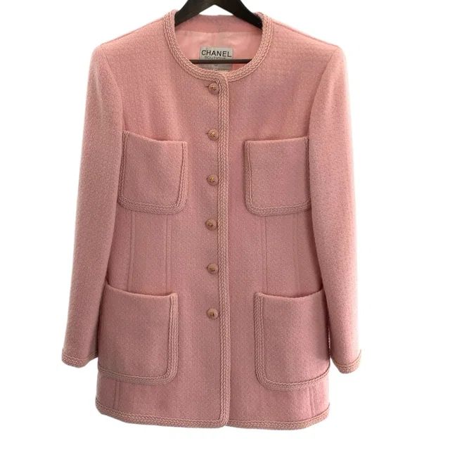 Chanel Vintage Tweed CC Logo Pink Jacket Skirt Suit in Pink Tweed from The Reluxe