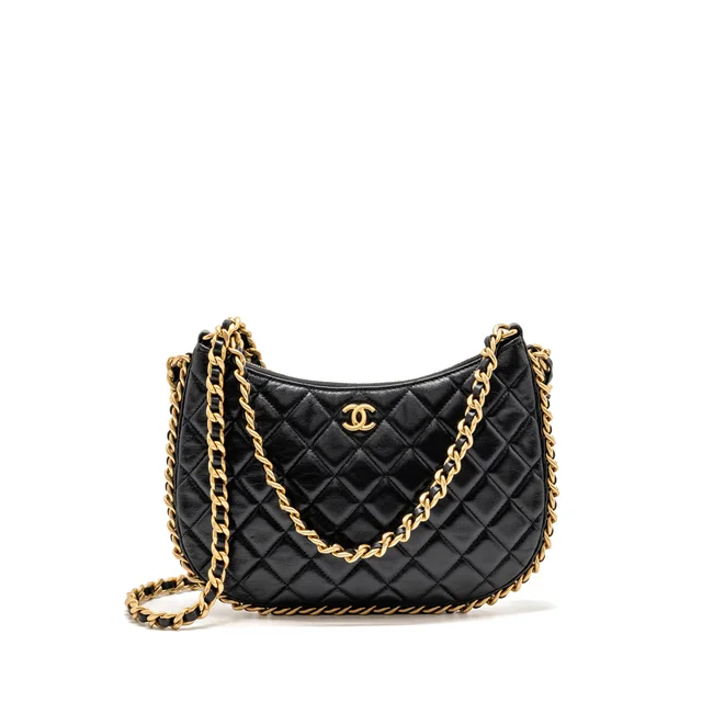 Chanel Large Quilted Hobo Bag Shiny Crumpled Lambskin Black GHW (Microchip) in Black Lambskin from EMIER