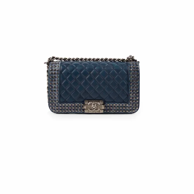 Chanel Old Medium Boy Navy Studded in Navy Lambskin from The Purse Affair