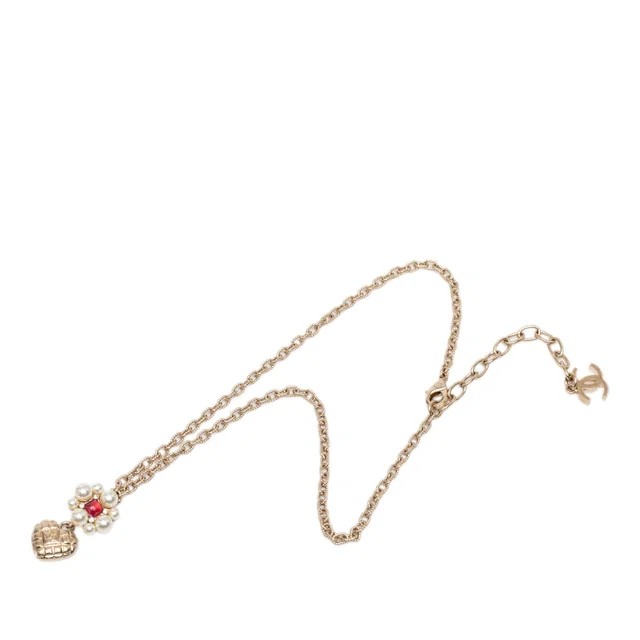 Gold Chanel CC Gold Plated Faux Pearl Flower and Strass Heart Pendant Necklace in Gold from Designer Revival