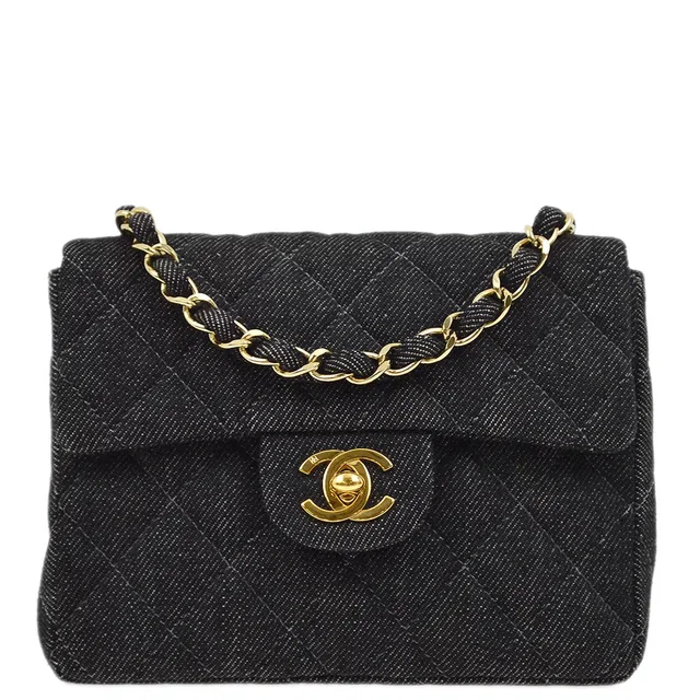 Chanel 2000-2001 Black Denim Mini Classic Square Flap Shoulder Bag 17 in Black Denim from AMORE Vintage Tokyo