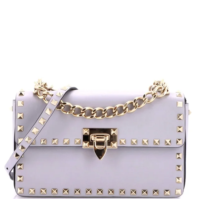 Valentino Garavani Rockstud Chain Flip Lock Flap Bag Leather Medium in gray Leather from Rebag