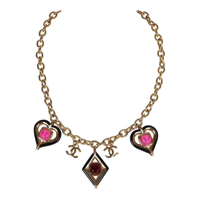 Chanel Hearts Charm Necklace Black, Pink Enamel and Gripoix Gold Tone Hardware in Black from Madison Avenue Couture