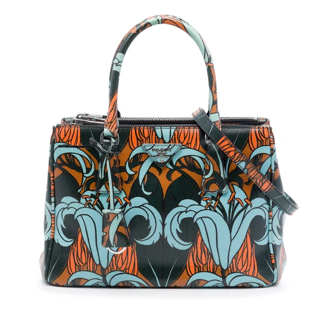 Black Prada Small Saffiano Lux Galleria Lily Print Double Zip Satchel in Black Saffiano leather from Designer Revival