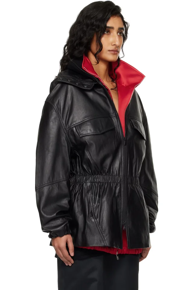 The Frankie Shop Black Carnaby Funnel Neck Leather Jacket, photo 2 of 4 from SSENSE