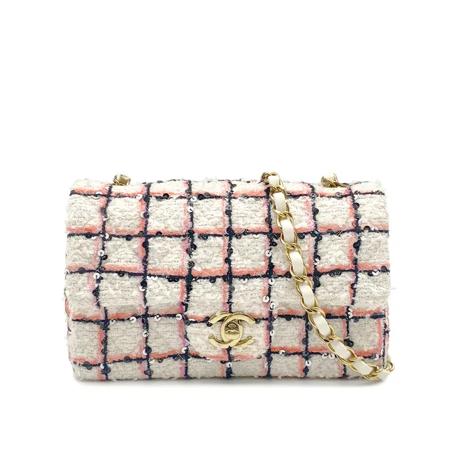 Chanel Mini Matelasse Tweed Sequins Chain Shoulder Bag White Pink Black Gold Hardware in Black Tweed from Luxury Promise