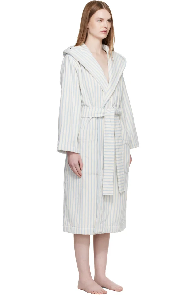 Tekla Off White & Blue Terry Hooded Bathrobe, photo 2 of 4 from SSENSE