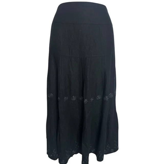 Vtg 90s Christian Dior Linen Embroidered Floral Quiet Luxury Resort Midi Skirt 8 in black Woven leather from Poshmark